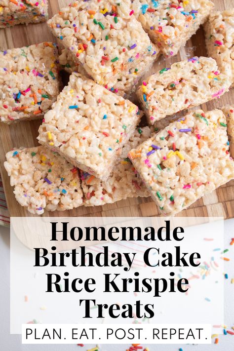 Finished treat squares are stacked on a wooden cutting board over a surface scattered with sprinkles. The words "homemade birthday cake rice krispie treats" and "Plan. Eat. Post. Repeat" are in a white box at the bottom of the image. Rice Crispy Treat Cake Ideas, Rice Krispie Treats Birthday Cake, Rice Krispie Cake Pops, Rice Krispie Treats Sprinkles, Rice Crispy Treats With Sprinkles, Birthday Cake Rice Krispie Treats, 1 Rice Krispie Treats Number, Rice Crispy Birthday Cake, Cake Batter Rice Krispie Treats