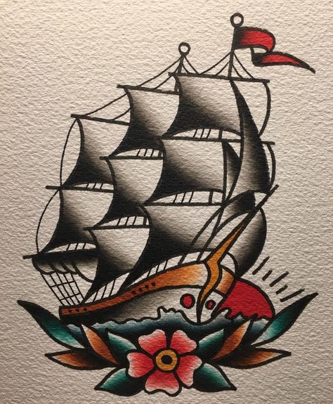 Traditional Nautical Tattoo, Traditional Tattoo Painting, Traditional Sailor Tattoos, Traditional Ship Tattoo, Sailor Jerry Tattoo Flash, Tato Tradisional, Boat Tattoo, Rose Drawing Tattoo, Vintage Tattoo Design