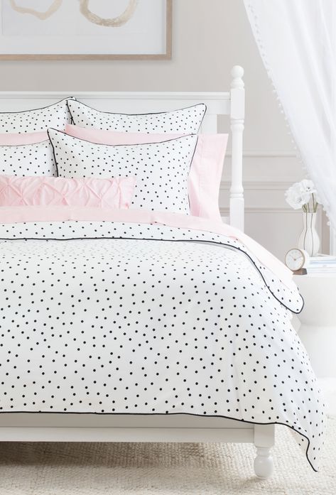 Our Harper polka dot bedding, complete with whimsical black dots, adds playful sophistication to any space. Polka Dot Bedding, Neutral Bedding, Chic Bedding, White Duvet Covers, Dorm Life, White Duvet, Girl Bedroom Designs, Premium Product, Baby Projects