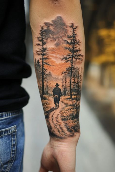 Forearm tattoo of a cowboy riding a horse on a forest path during sunset. Country Themed Sleeve Tattoo, Cowboy Memory Tattoo, Men’s Sleeve Tattoo Country, Cowboy Theme Tattoo Sleeve, Men’s Arm Sleeve Tattoo Western, Country Tattoo Ideas, Truck Tattoos, Country Tattoo, Nature Sleeve