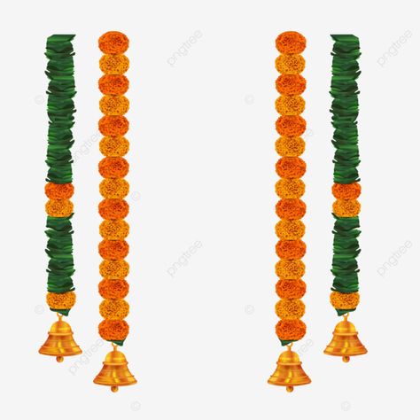 toran marigold garland decoration with bell vector festival decoration marigold garland green garl Marigold Garland Decoration, Toran Png, Pillar Decor, Marigold Garland, Indian Invitation, Traditional Background, Garland Of Flowers, Indian Invitation Cards, Indian Invitations