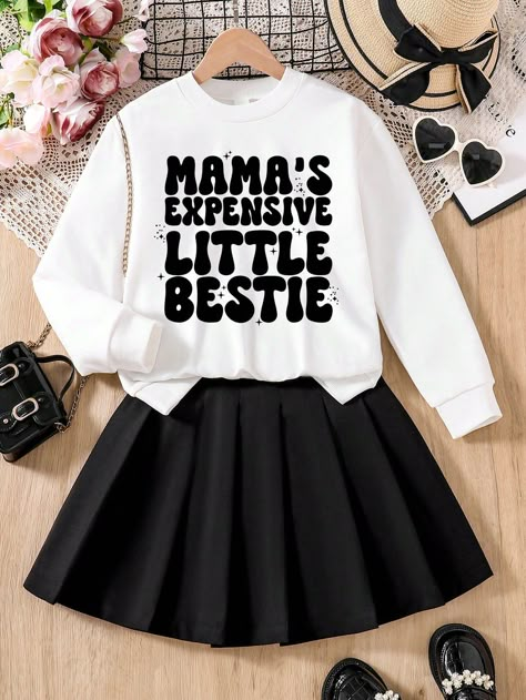 Girls Older Tween Girl Letter Print Long Sleeve Top And Solid Pleated Skirt Set | SHEIN USA Cute Outfits For 3rd Graders, Cute Clothes For 9-10, Cute Outfits For Nine Year Olds, Clothes For 10 Years Old Girl, Clothes For Girls 7-8, Cute Outfits For Girls 9-10 Kids Clothes, Cute Middle School Outfits 6th Grade, T Shirt For Girls Fashion, Cute Clothes For Teenagers