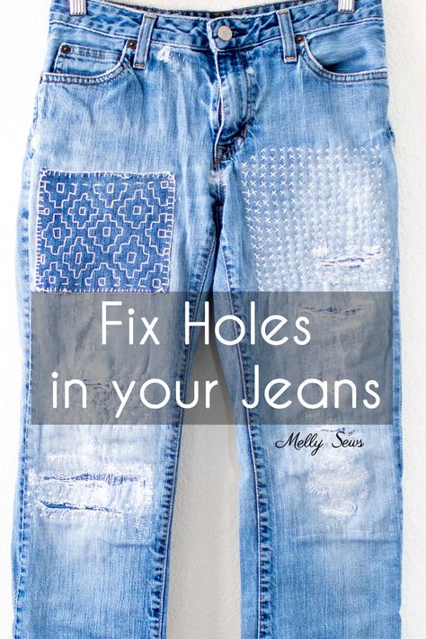 Learn how to fix ripped jeans - no sewing machine required with these visible mending techniques that will add character to the holes in your jeans Fix Ripped Jeans, Visible Mending Jeans, Jean Mending, Visible Mending Stitches, Patched Jeans Diy, How To Patch Jeans, Melly Sews, Repair Jeans, Mending Clothes