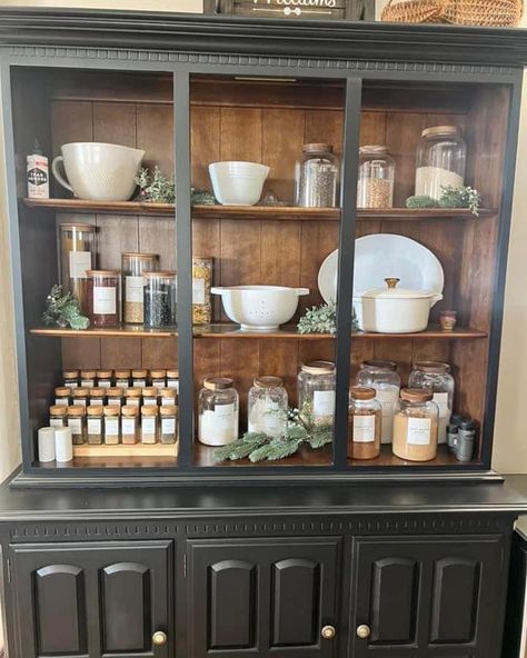 Have a China hutch you don’t know what to do with? One of our customers shared this picture with us, she took off the doors & transformed her China cabinet into a open pantry! We love how it turned out!❤️ *nothing pictured is for sale. Inspiration & sharing only* #customerpost #bellepatri #pantryinspo China Cabinet Pantry, China Cabinet Display Ideas, Kitchen China Cabinet, Make A Closet, Open Pantry, Built In Hutch, Kitchen Hutch, China Hutch, China Cabinet Display