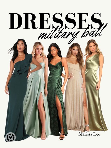 Formal green dresses for the military ball. 

Are you a military spouse shopping for formal military ball dresses? Here’s some fun green and gold dress inspiration - a nice change from the typical red and navy blue dresses worn at the Marine Corps Ball ☺️ Green And Gold Dress, Marine Corps Ball, Black And Green Dress, Military Ball Dress, Military Wife Life, Blue Green Dress, The Guest List, Green Formal Dresses, Military Ball Dresses