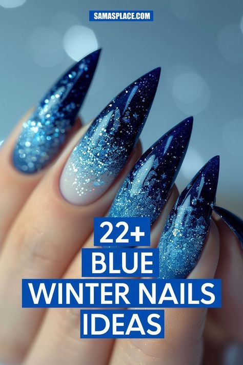 Midnight blue nails with a glitter ombre create a magical, starlit winter night effect. The fade from deep blue to sparkling tips brings elegance to holiday gatherings, making these nails a perfect choice for winter festivities. Starry Blue Nails, Snowy Nails Blue, Blue Nail Acrylic Ideas, Royal Blue Holiday Nails, Gel Nail Art Winter, White Blue Silver Nails, Midnight Blue Glitter Nails, White And Blue Nails Winter, Blue French Christmas Nails