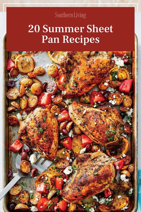 Sheet pans are the ultimate kitchen workhorse, even in the summer. That's why we've gathered some of our favorite sweet and savory summer sheet pan recipes to make all season long. We've included slab pies that use fresh seasonal fruit, and speedy chicken dinners that cook alongside veggies all on one pan. Line the sheet pan with aluminum foil, and there's even fewer dishes to worry about when making these recipes. #sheetpan #sheetpanrecipes #summerrecipes #summerdinners #sheetpandinner Sheet Pan Dinners For 2, Summer Sheet Pan Dinner Ideas, Sheetpan Dinner Recipes, Chicken Sheet Pan Recipes, Sheet Pan Chicken And Veggies, Chicken Sheet Pan Dinner, Slab Pies, Sheet Pan Meals, Sheet Pan Meals Chicken