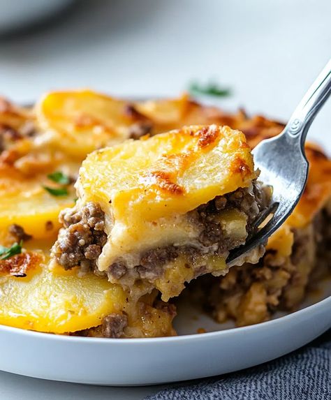 Easy Hamburger Potato Casserole Recipe - Hamburger Au Gratin Casserole, Hamburger Casserole Recipes Potato, Easy Hamburger And Potato Casserole, Hamburger Meat Recipes With Potatoes, Ground Hamburger And Potato Recipes, Easy Hamburger Potato Casserole, Hamburger And Potatoes Casserole, Cheesy Hamburger Potato Casserole, Hamburger Potato Recipes