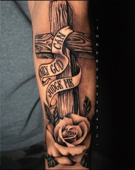 Pretty Cross Tattoo, Rose Sleeve, Rose Tattoo Sleeve, Cross Tattoo For Men, Cross Tattoos For Women, Ribbon Tattoos, Cross Tattoo Designs, Pretty Tattoos For Women, Cross Tattoo