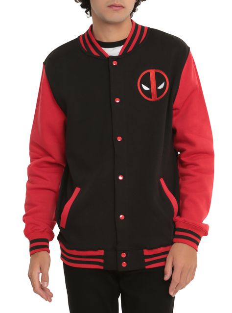 Check it out: Deadpool Varsity Jacket. Varsity Outfit, Deadpool Jacket, Baseball Sweater, Deadpool Logo, Batman Outfits, Marvel Clothes, Varsity Letterman Jackets, College Jackets, Marvel Movie