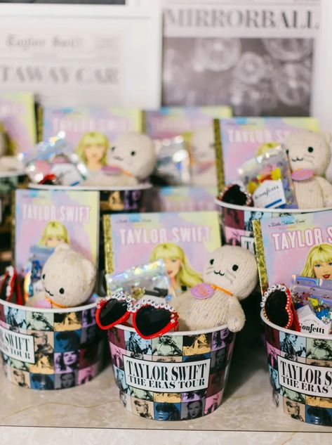 Eras Tour film popcorn container party favors with Taylor Swift themed goodies inside Eras Tour Birthday Party, Taylor Swift Themed Birthday Party, Taylor Swift Themed Party, Taylor Swift Birthday Party Ideas, Taylor Swift Party, Taylor Swift Birthday, 13th Birthday Parties, 9th Birthday Parties, 10th Birthday Parties