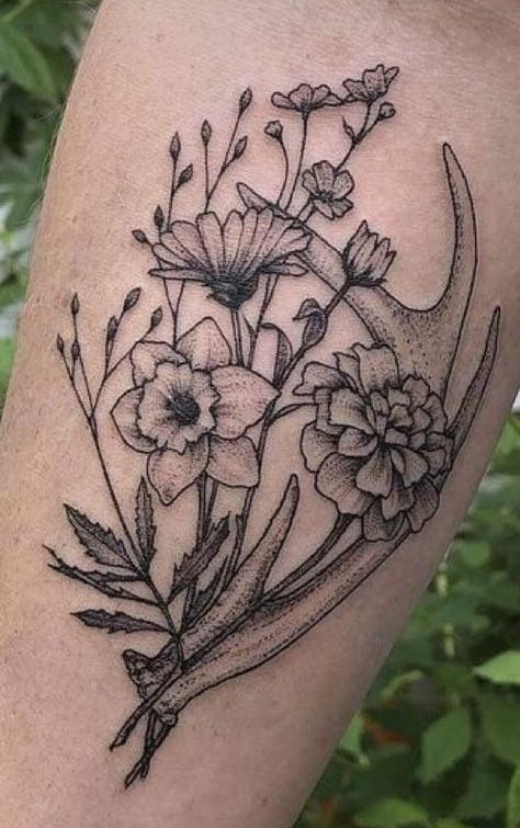 Women Antler Tattoo, Deer Skull And Flowers Tattoo, Deer Shed Tattoo, Tattoo Ideas Female Hunting, Western Neck Tattoos Women, Deer Antler Sleeve Tattoo, White Claw Tattoo, Women Hunting Tattoos, Antler Floral Tattoo