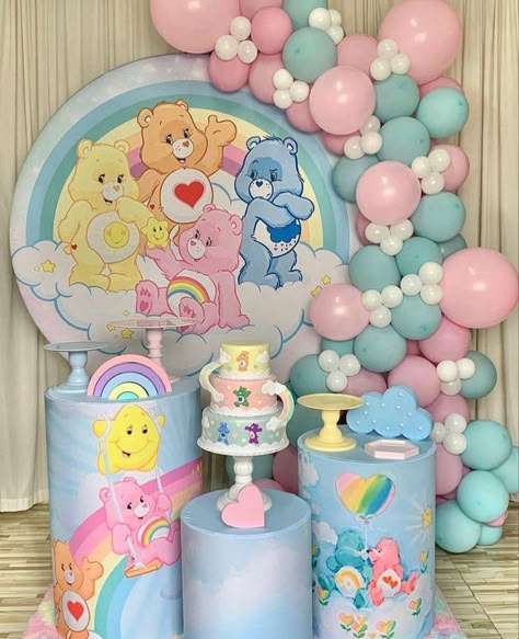 Care Bears Birthday Theme, Carebear Theme Party Decorations, Care Bear Baby Shower Theme Girl, Care Bears Party Theme, Care Bear Gender Reveal Ideas, Care Bear Balloon Arch, Carebears Party Theme, Carebear Baby Shower Theme Girl, Care Bears Gender Reveal