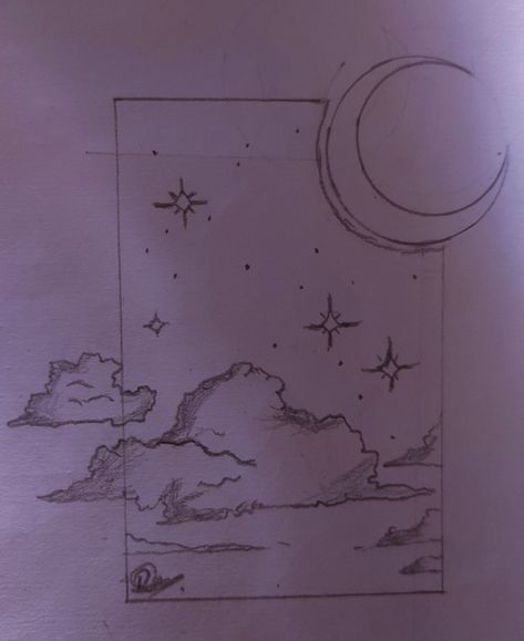 Night Sky Drawing Tutorial, Drawing Ideas Moon And Stars, Dreaming Drawing Ideas, Beautiful Night Drawing, Moon Sketches Aesthetic, Night Sketches Pencil, Night Sky Pencil Drawing, Falling Star Drawing, Stargazing Sketch