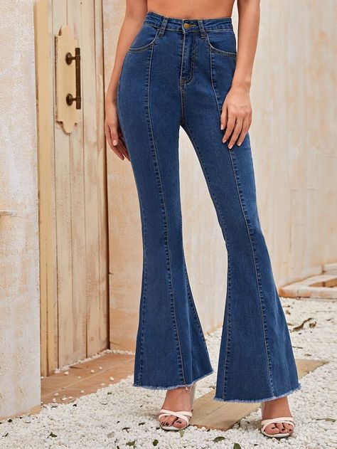 Free Returns ✓ Free Shipping On Orders $49+ ✓. Denim Frayed Raw-Cut Flare Jeans- Women Jeans at SHEIN. Jeans Dama, Flare Jeans Style, Flair Jeans, Latest Jeans, Cute Preppy Outfits, Flare Leg Jeans, Knit Crop Top, Type Of Pants, Shein Style