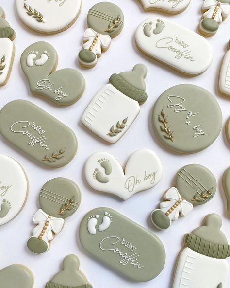 Sage Green And Brown Baby Shower Ideas, Sage And Cream Baby Shower Ideas, Sage Baby Shower Cookies, Baby Bottle Cookies Decorated, Sage Green Baby Shower Cookies, Sage Green Cookies, Galletas Baby Shower Boy, Baby Shower Ideas Sage Green, Sage Baby Shower Decor