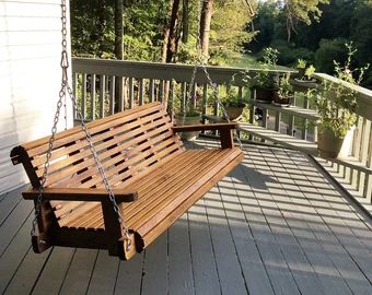 Rustic Wood Bench | Etsy Rustic Wood Bench, Front Porch Swing, Porch Swings, Outdoor Wood Furniture, Exterior Stain, Patio Swing, Wood Patio, Custom Cup, Outdoor Gift