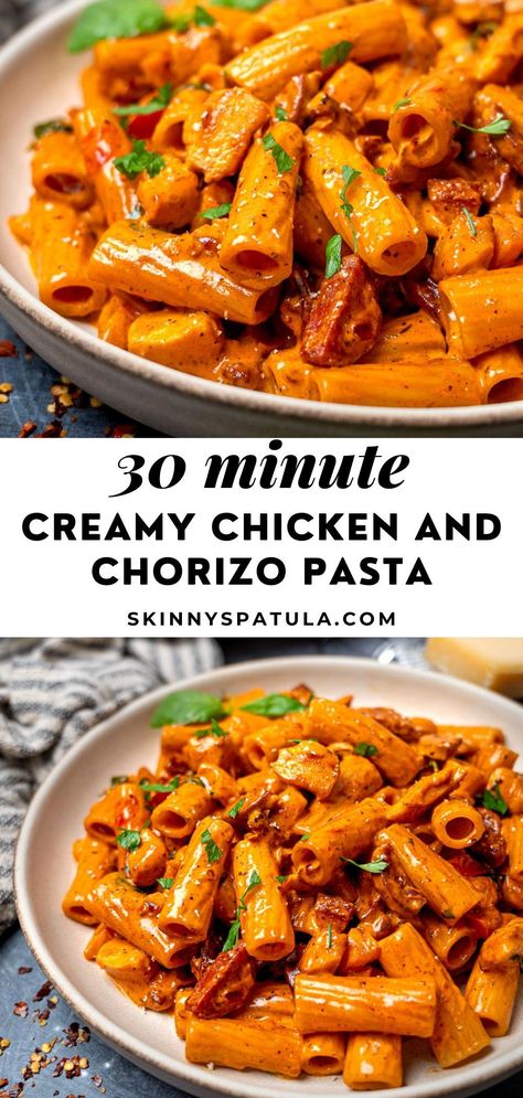 Chicken Chorizo Chili, Chorizo Lunch Ideas, Chicken Chorizo Bake, Pasta Recipes Chorizo, Sausage Chorizo Recipes, Dinner Ideas Chorizo, Creamy Chicken And Chorizo Orzo, One Pot Chorizo Pasta, Chorizo For Dinner