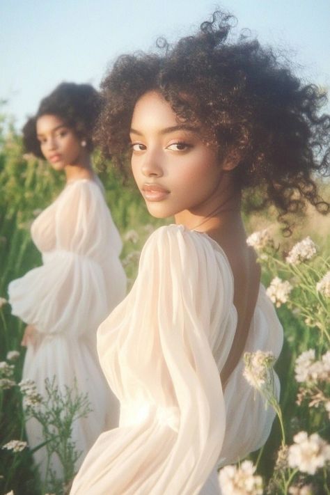 Cottagecore Natural Hair, Dreamy Photoshoot Black Women, White Woman Aesthetic, Black Cottagecore, Cottagecore Girl, Model Hairstyles, Cottage Vibes, Light Feminine, 23rd Birthday