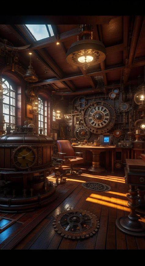 Steampunk Classroom, Steampunk Factory, Steampunk Library, Time Wheel, Steampunk Room, Steampunk Rooms, Punk House, Steampunk Mechanic, Antique Bird Cages