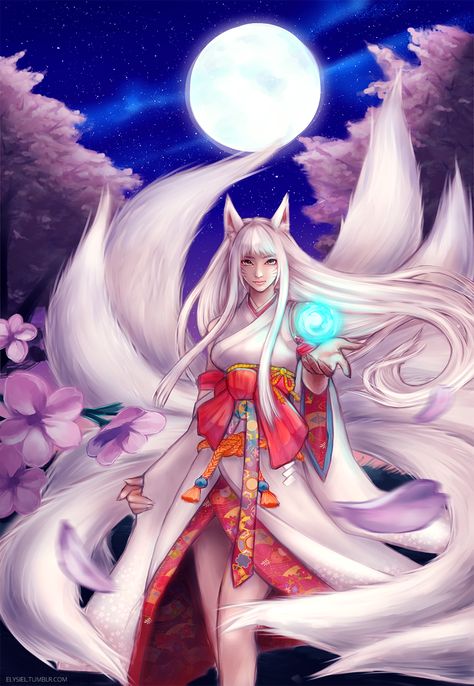 Kitsune Ahri by nyaruko.deviantart.com on @deviantART White Hair, The Story, Moon, Flowers, Hair, Anime, Blue, White