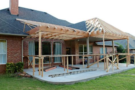 Covered Patio Tied Into Roof, Added Roof To Patio, Overhang Roof Ideas Patio, Building Covered Patio, How To Tie In A Porch Roof, Back Porch Addition Ideas, Add On Covered Back Porch, Patio Cover Extension Ideas, Covered Porch Roof Lines