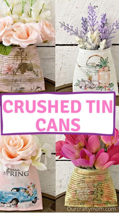 Crushed Tin Can Planters - Pocket Posy, Wall Pocket Planters in 2022 | Tin can crafts, Upcycled crafts, Dollar tree diy crafts Easter Upcycle Crafts, Cookie Tin Upcycle Ideas, Tin Can Pocket Planter, Upcycle Cans Tin, Painted Tin Cans Planters, Tin Recycle Ideas, Spring Crafts Flowers, Decorative Tin Cans, What To Do With Cans Craft Ideas