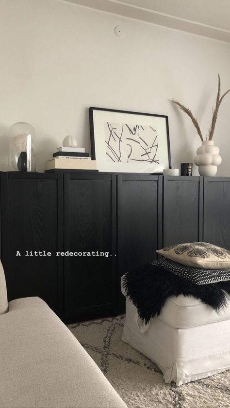 Black Cupboards Living Room, Ikea Dark Living Room, Ikea Billy Black, Ikea Sideboard Hack, Cupboard Living Room, Ikea Sideboard, Billy Ikea, Ikea Hallway, Dark Living Rooms