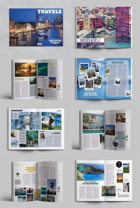 Traveling Magazine Template INDD, IDML. 26 pages. Travel Magazine Design, Travel Magazine Layout, Magazine Page Design, Indesign Magazine, 잡지 레이아웃, Indesign Magazine Templates, Page Layout Design, Book And Magazine Design, Yearbook Design