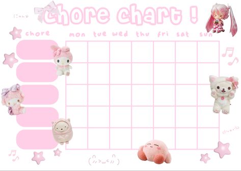 bc i'm autistic and this helps !! Chart Template Aesthetic, Aesthetic Chore Chart, Kawaii Timetable, Kawaii Habit Tracker, Kawaii School Schedule, Sanrio Calander, Pink Aesthetic Kawaii, Kawaii Daily Planner, Chore Chart Template