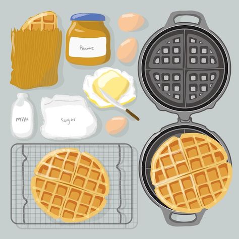 Waffle Cartoon, Top View Illustration, Food Top View, Recipe Book Printables, Egg Waffles, Waffle Pan, Waffle Pops, Egg Butter, Hong Kong Street