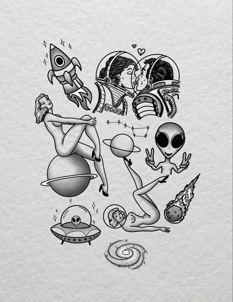 #tattoo #tattooed #tattooartist #tattooart #flashtattoo #girlswithtattoos #flash #flashart #procreate #flashsheet #digitalart #solidink #flashtattoo #fyp #foryou #novascotiatattoo #novascotiatattooartist #novascotia #canada #canadatattoo #canadiantattooartist #girlswhotattoo #ladytattooer #space #spacetattoo #alien #alientattoo Space Suit Tattoo, American Traditional Tattoos Space, Space Age Tattoo, Alien Pinup Tattoo, Retro Space Tattoo, Space Cadet Tattoo, Space Flash Tattoo, Science Fiction Tattoo, Alien Flash Tattoo