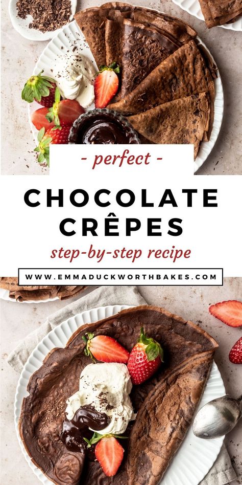 These Chocolate Crêpes are delicate and tender with the perfect chocolate flavour. Easy to make with only 7 ingredients, they make the best brunch or Valentine's Day dessert and totally satisfy those chocolate cravings. Crepe Chocolate, Chocolate Crepes Recipe, French Dessert Recipes, Classic French Desserts, Chocolate Crepes, French Baking, Chocolate Breakfast, French Chocolate, Waffle Cake