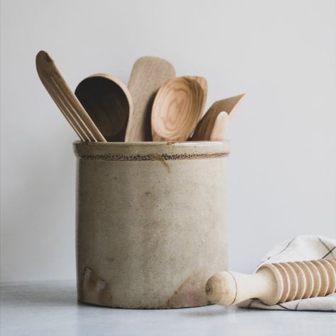 These beautiful antique stoneware crocks will make the perfect rustic farmhouse accent. Primitive crocks make great utensil holders in the kitchen or use them as a vase or planter. The rich earthy tones make them the perfect timeless neutral. Farmhouse Kitchen Utensil Holder, Rustic Utensil Holder, Wabi Sabi Kitchen, Antique Stoneware Crocks, Utensil Holders, Modern Farmhouse Kitchen, Farmhouse Pottery, Stoneware Crocks, Antique Stoneware