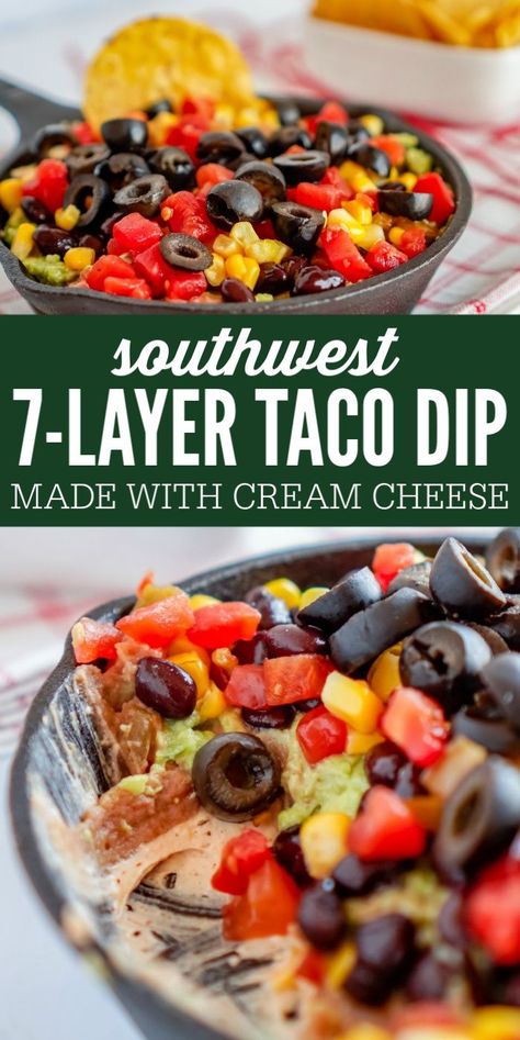 7 Layer Party Dip Recipe! Easy Southwest Taco Dip with Southwest Cream Cheese and Homemade Guacamole! No Sour Cream in this Recipe! The perfect cold dip recipe for an easy Party Appetizer! #lemonpeony #party #dip #appetizer #taco #southwest Layer Taco Dip, Layer Dip Recipe, Mexican Dip Recipes, 7 Layer Taco Dip, 7 Layer Dip Recipe, Vegetarian Dip, Cold Dip, Cold Dip Recipes, Layered Dip Recipes