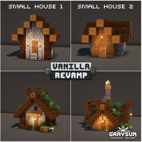 Small houses revamped from minecraft taiga villages Cool Villager House Minecraft, Revamped Villages In Mc, Minecraft Villager Ideas Houses, Tiny Homes Minecraft, Redesigned Minecraft Village, Minecraft Spruce House Ideas Survival, Minecraft Taiga House Ideas, Minecraft Suvirval House, Villager Village Minecraft