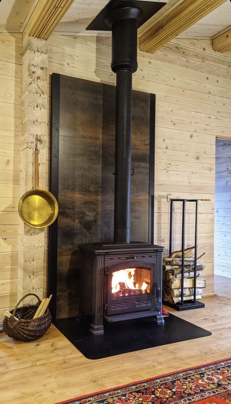 Wood Burning Stove On Flat Wall, Wood Stove Tile Wall, Wood Stove With Brick Surround, Wood Stove Center Of Room, Pellet Stoves Ideas, Large Wood Stove, Freestanding Wood Fireplace, Wood Stove Wall Behind, Wood Stove Platform