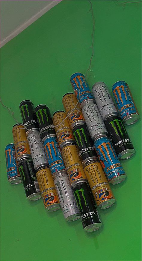 Ideas To Do With Monster Cans, Monster Cans Hanging From Ceiling, Monster Drinks Diy, Monster Can Heart Wall, Monster Can Wall Decor, Monster Can Crafts Mask, Soda Can Room Decor, Monster Energy Birthday Cake, Monster Light Can