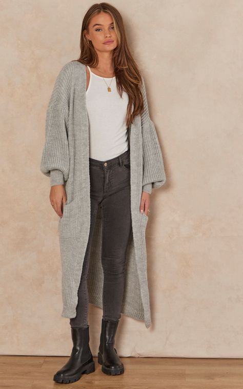 This slouchy cardigan will provide a relaxed vibe to any wardrobe. With a light grey long, chunky knit, long sleeves, and a baggy fit, pair it with light wash denim for a look that can be dressed up or down. Lounge, Work from home, Winter, Date night in, Staycation, knitted/wool, longline, bloat-friendly, Basic, Long Sleeve, Breastfeeding, A-Line Cardigan Hoodie Outfit, Long Grey Sweater Outfit, Period Friendly Outfits, Hooded Cardigan Outfit, Loungewear Cardigan, Shein Outfits Fall, Cozy Fall Outfits Aesthetic, Aesthetic Uniform, College Outfits Fall