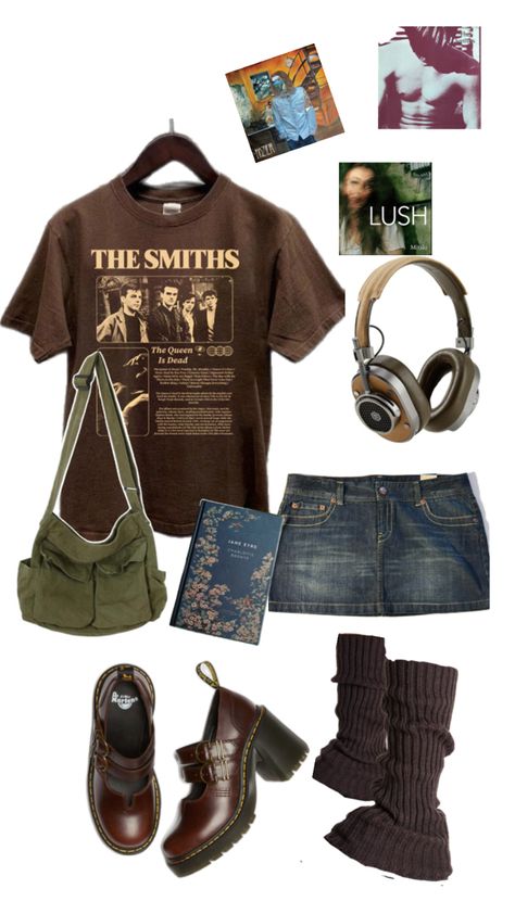 jeans skirt, smiths tshirt, doc martens eviee, leg warmers The Smiths Outfit, Fitted Tshirt Outfit, Leg Warmers Outfit, Sixth Form Outfits, Doc Martens Outfit, Downtown Outfits, Cold Outfits, The Smiths, Jeans Skirt