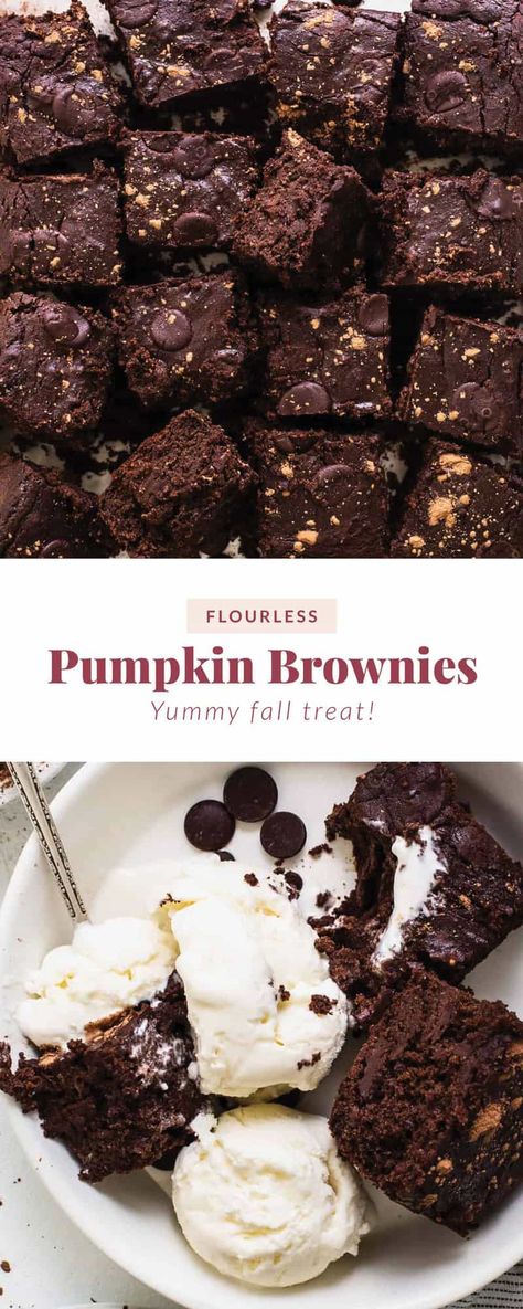 Flourless Pumpkin Brownies - Fit Foodie Finds Flourless Pumpkin Brownies, Pumpkin Sweets, Fit Foodie Finds, Pumpkin Brownies, Baking Treats, Keto Pumpkin, Fit Foodie, Fall Treats, Pumpkin Chocolate