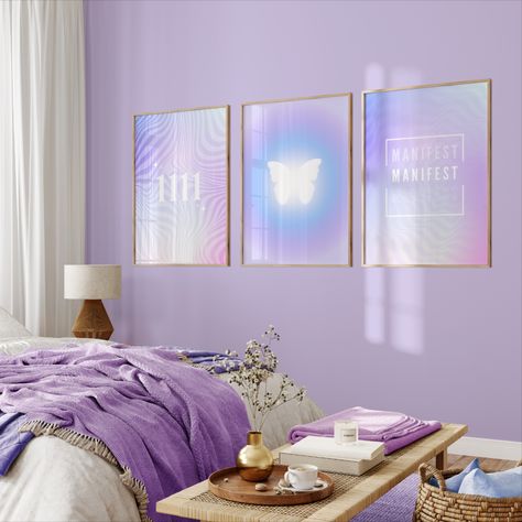 Get your hands on our purple aura set of 3 digital prints. These purple dye Wall Arts create an inspiring atmosphere, complemented by empowering affirmations to add a pop of color and bring positivity to any room. Affordable, aesthetic, and easy to decorate – download, print, and transform your space. Perfect Gift for any girls attending college and wanting to decorate their dorm in a cute way without breaking the bank. Purple Wall Decor Bedroom, Purple Walls Bedroom Ideas, Purple Wall Bedroom, Purple Dorm Rooms, 1111 Angel Number, Purple Dorm, Spiritual Room Decor, Spiritual Room, Vibe Bedroom