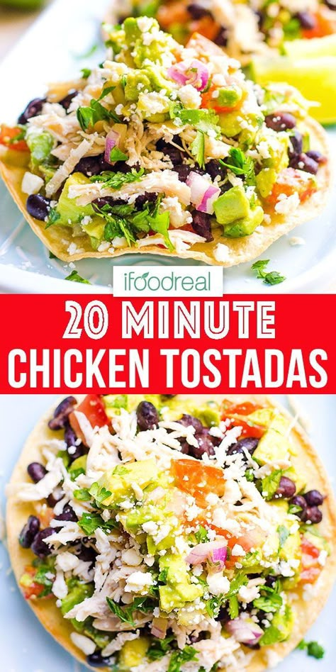 Easy Chicken Tostadas with simple ingredients in 20 minutes. Tostada is tasty, healthy and quick dinner if you make it at home. #ifoodreal #cleaneating #dinner #chicken #tostada #chickenbreast #healthy Tostadas Recipe, Chicken Beans, Chicken Tostadas, Tortilla Shells, Easy Guacamole, Quick Healthy Dinner, Healthy Mexican, Family Eating, Mexican Chicken