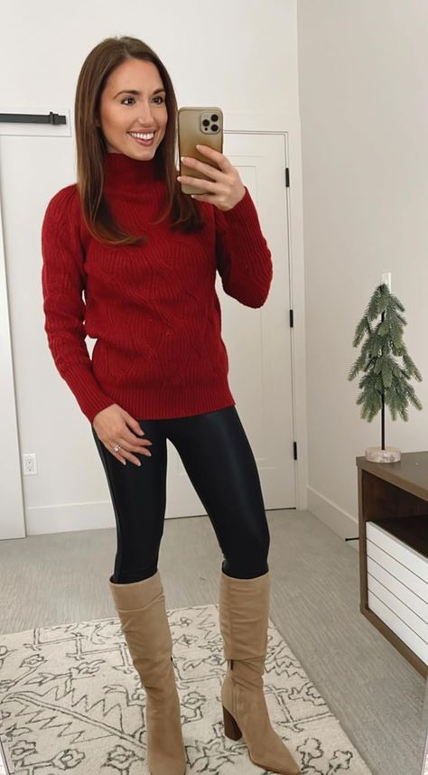 Casual Christmas Eve Outfit, Christmas Sweater Outfit, Red Sweater Outfit, Christmas Eve Outfit, Christmas Sweater Outfits, Christmas Outfit Casual, Red And Black Outfits, Red Christmas Sweater, Xmas Outfits