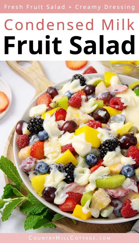 See how to make easy sweetened condensed milk fruit salad! The recipe is made with delicious mouthwatering fruit and tossed in a creamy condensed milk dressing. It’s filled with a blend of your favorite fresh fruit and berries and mixed in a luscious sauce. This sweet, creamy fruit salad recipe will be a hit at your next potluck! Includes a vegan option, and variations with cool whip and yogurt. It’s perfect for any potluck, barbecue, summer picnic or Thanksgiving. | CountryHillCottage.com Easy Fruit Salad Recipes, Creamy Fruit Salads, Milk Fruit, Sweet Condensed Milk, Dressing For Fruit Salad, Fruit Salad Recipe, Fruit Salad Easy, Fruit Popsicles, Clean And Delicious