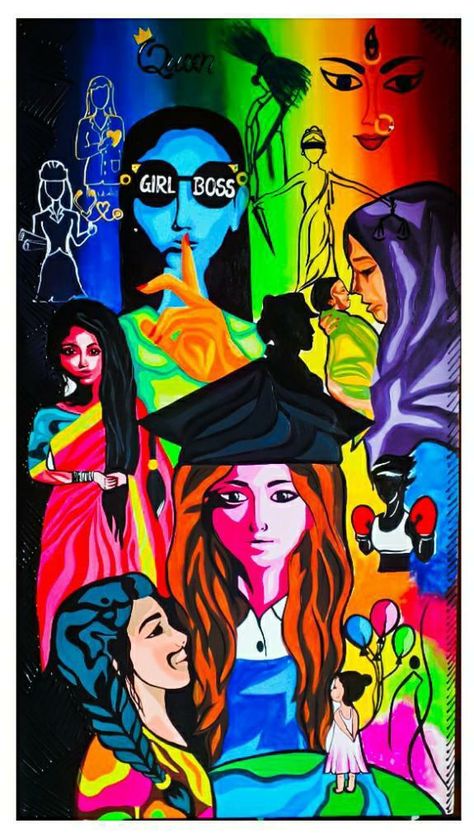 Acrylic painting On canvas.(Women empowerment) Competition Painting Ideas, Poster Drawing For Womens Day, Painting For School Magazine, Women Empowerment Art Paintings, Painting Ideas For Women's Day, Poster Painting On Women Empowerment, Poster Making On Women Empowerment, Rangoli On Women Empowerment, Womens Day Painting Ideas