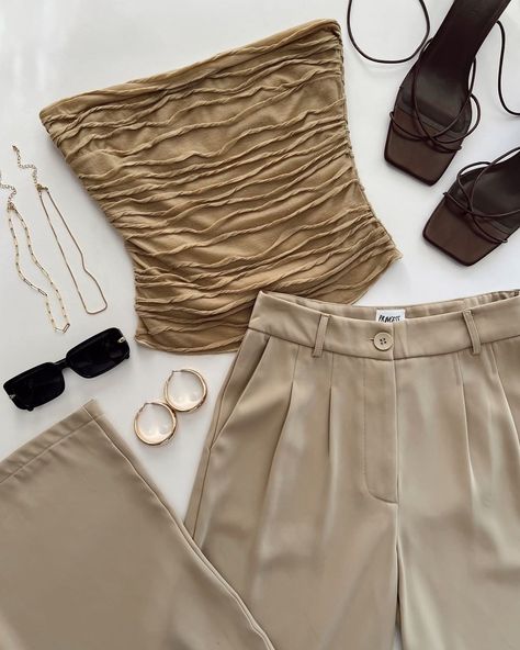 Archer Pants, Flat Lay Photography Fashion, Flatlay Clothes, Cute Beach Outfits, Heels Brown, Womens Knit Tops, Flatlay Styling, Hoop Earrings Gold, Clothing Photography