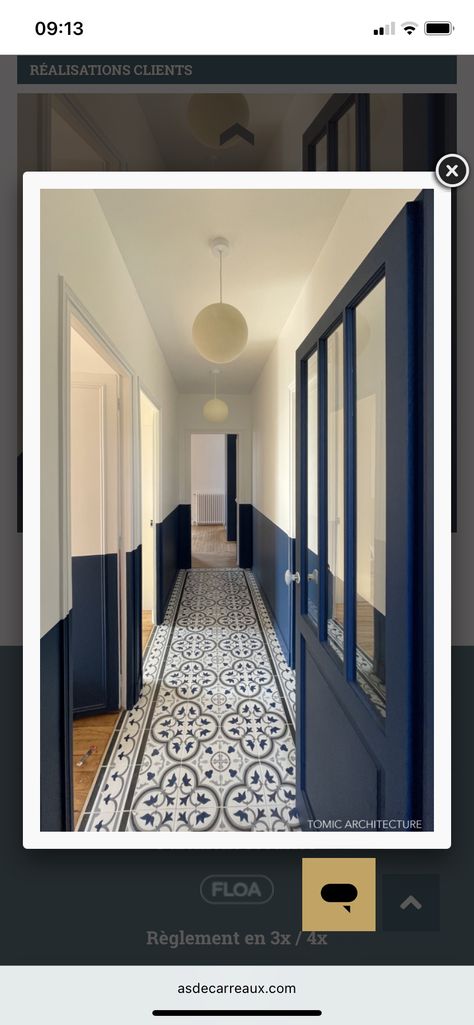 Navy And White Hallway, Navy Wainscoting Hallway, Navy Hallway Ideas, Light Blue Hallway, Navy Blue Hallway, Navy Hallway, Hallway Colour Ideas, Long Hallway Ideas, Modern Cottage Interior