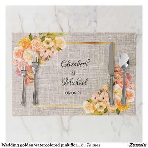 Wedding golden watercolored pink florals burlap paper placemat. Wedding table settings. Placemat Wedding, Floral Wedding Table, Paper Placemat, Trends 2025, Table Card Holder, Wedding Display, Shop Table, Wedding Table Settings, Table Cards