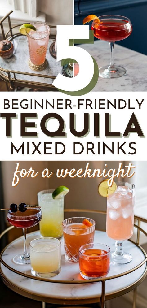 collage of easy drinks with tequila on a bar cart Drinks With Tequila Easy, Mixed Drinks With Tequila, Simple Mixed Drinks, Drinks With Tequila, Tequila Drinks Easy, Tequila Mixed Drinks, Tequila Drinks Recipes, Easy Mixed Drinks, Cocktails At Home